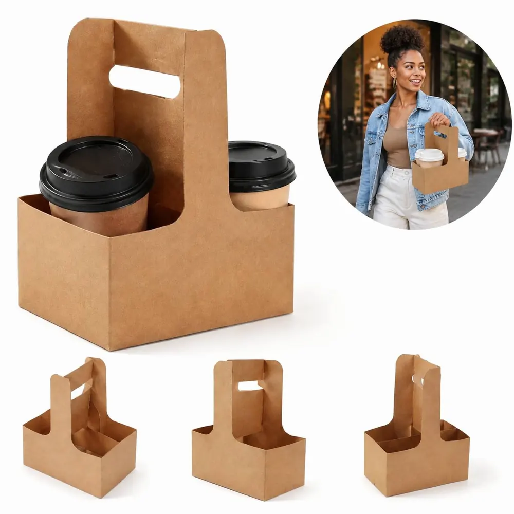 Disposable Kraft Cardboard Folding 2-Cup Drink Carrier 2