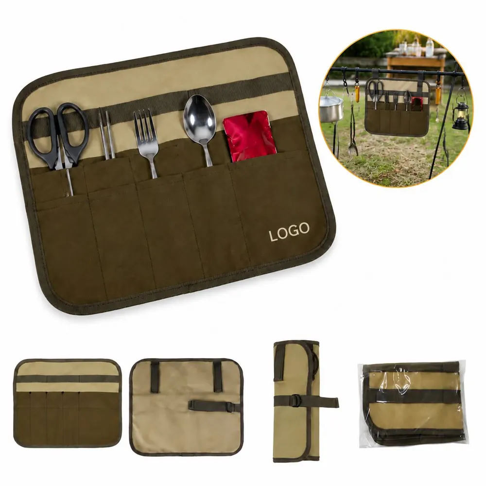 Canvas Camping Knife Roll with Cutlery Storage Organizer