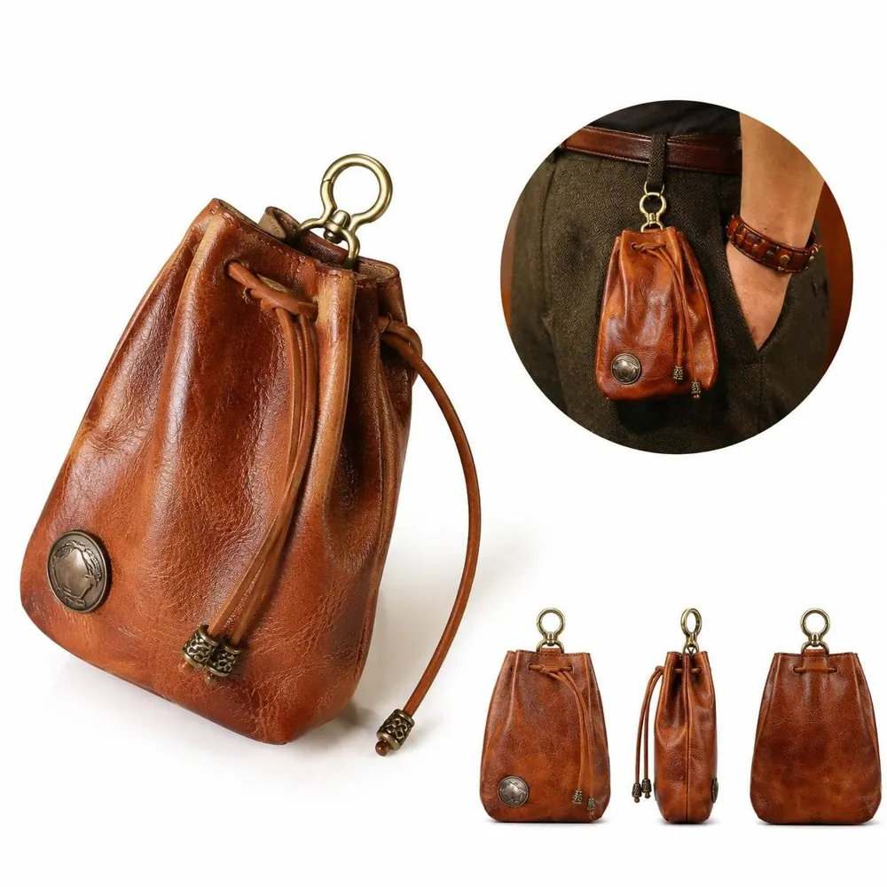 Vintage PU Leather Drawstring Coin Purse with Keychain 2