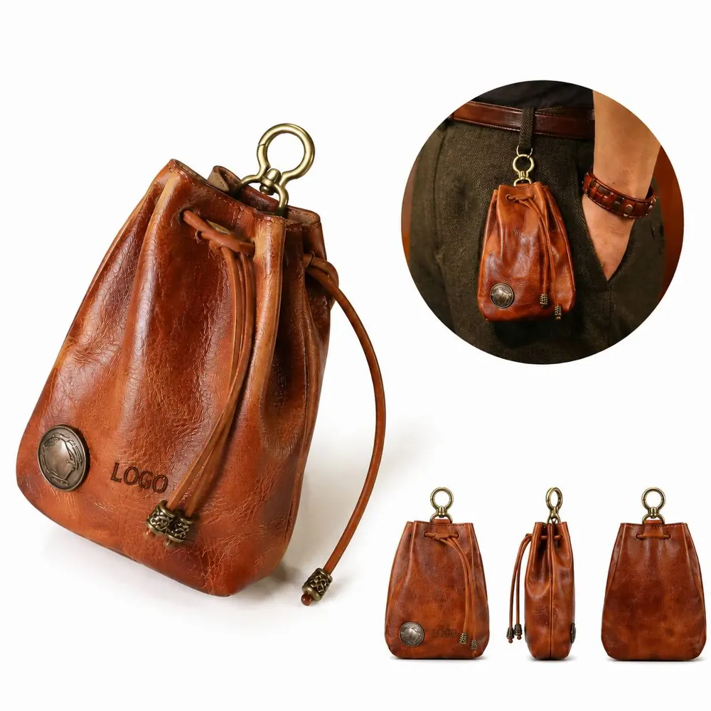 Vintage PU Leather Drawstring Coin Purse with Keychain