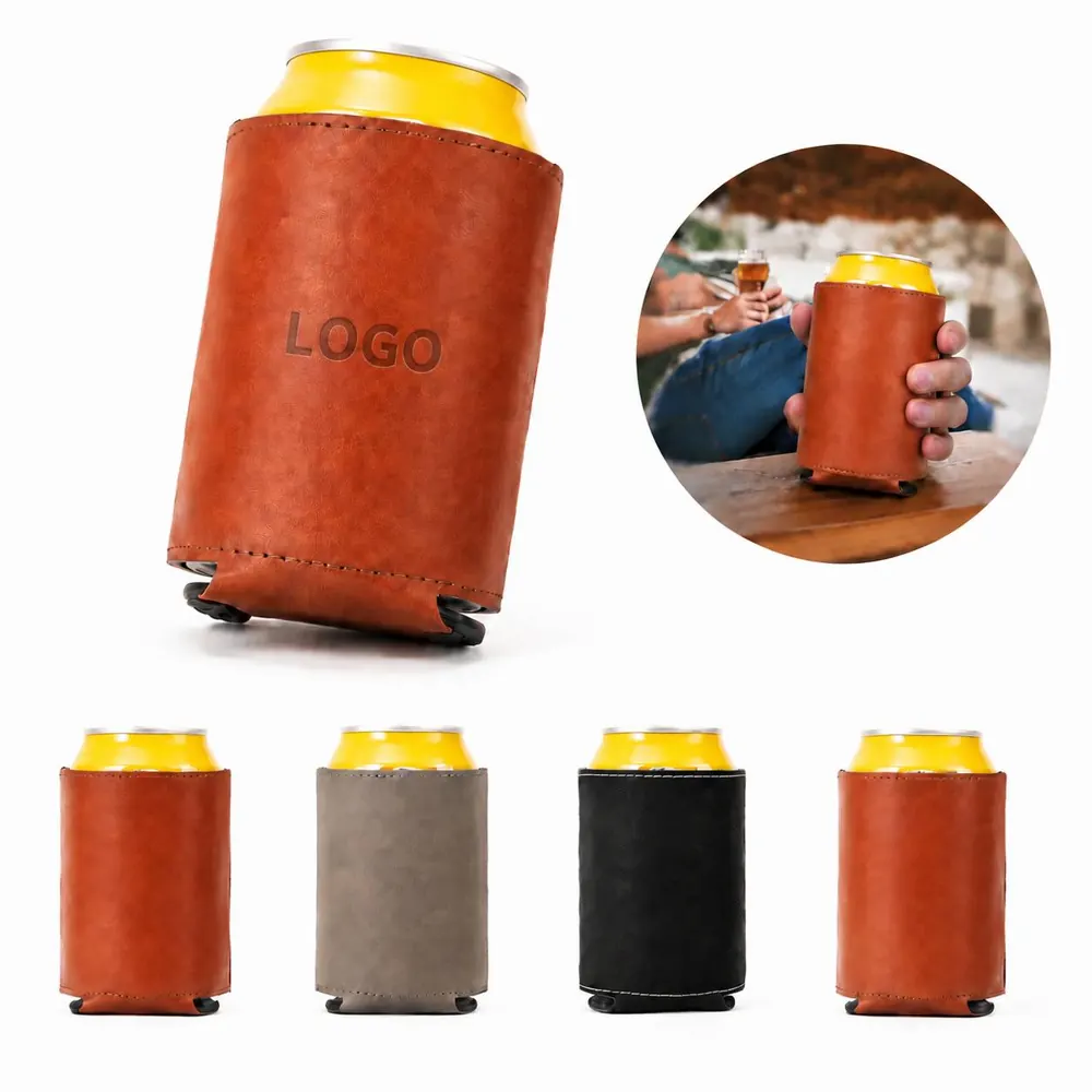 Collapsible PU Leather Can Cooler for 12oz Cans, Insulated