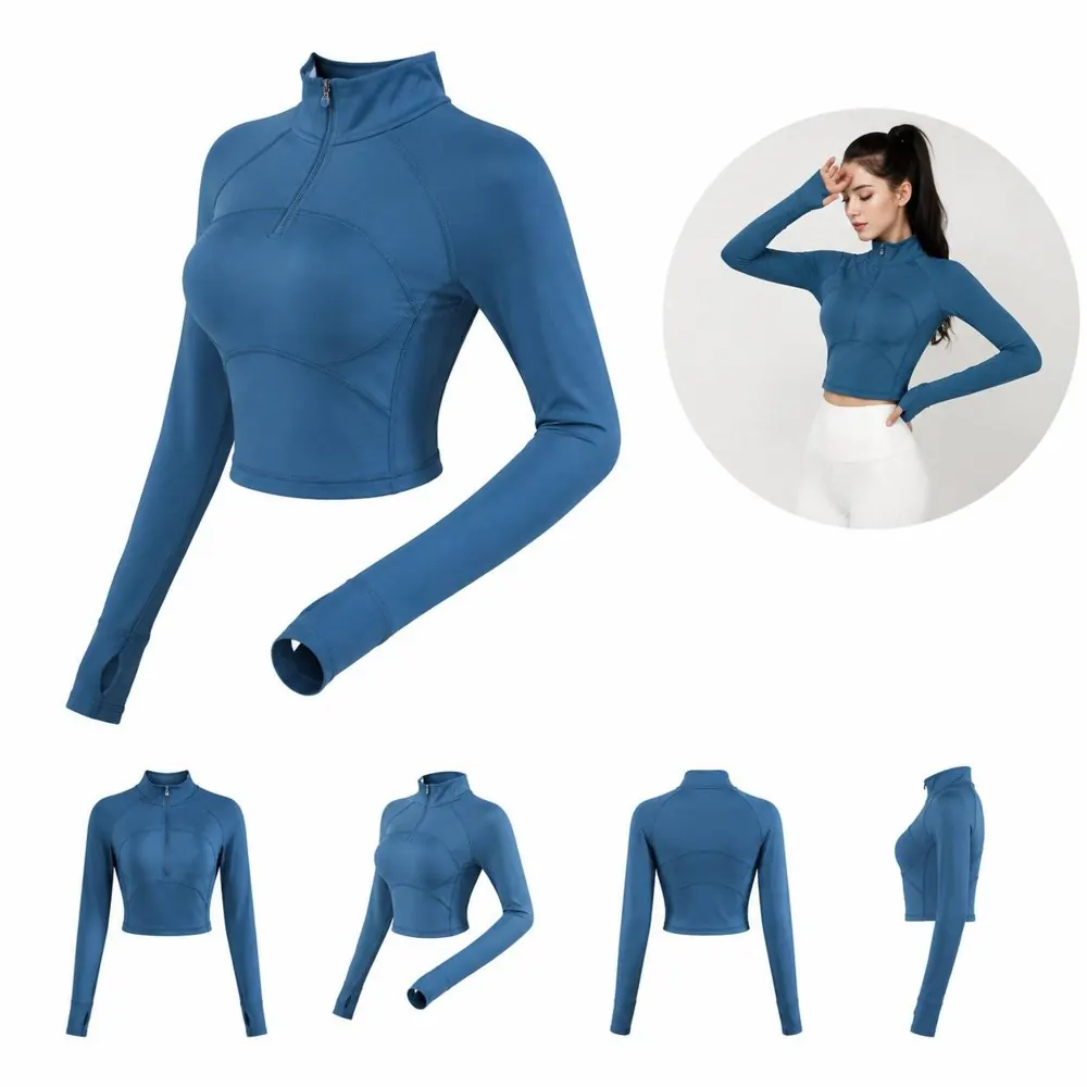 Half-Zip Athletic Yoga Top with Thumbholes for Women 2