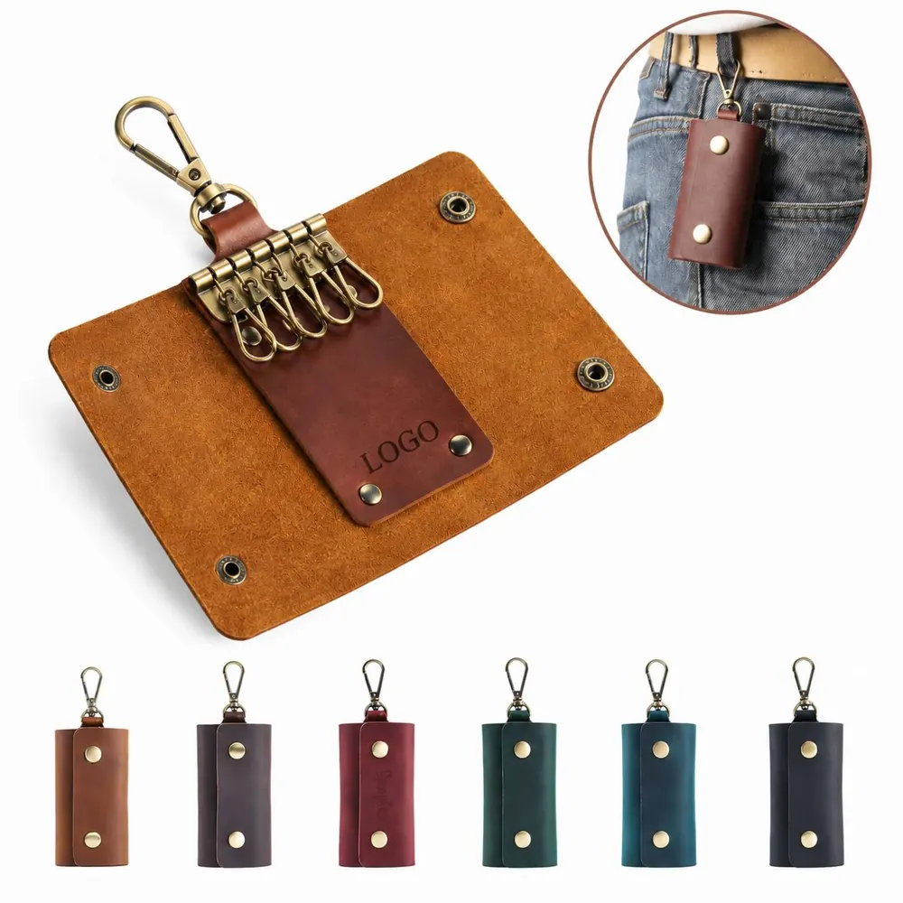 Genuine Crazy Horse Leather Key Case, Slim Multi-Key Holder