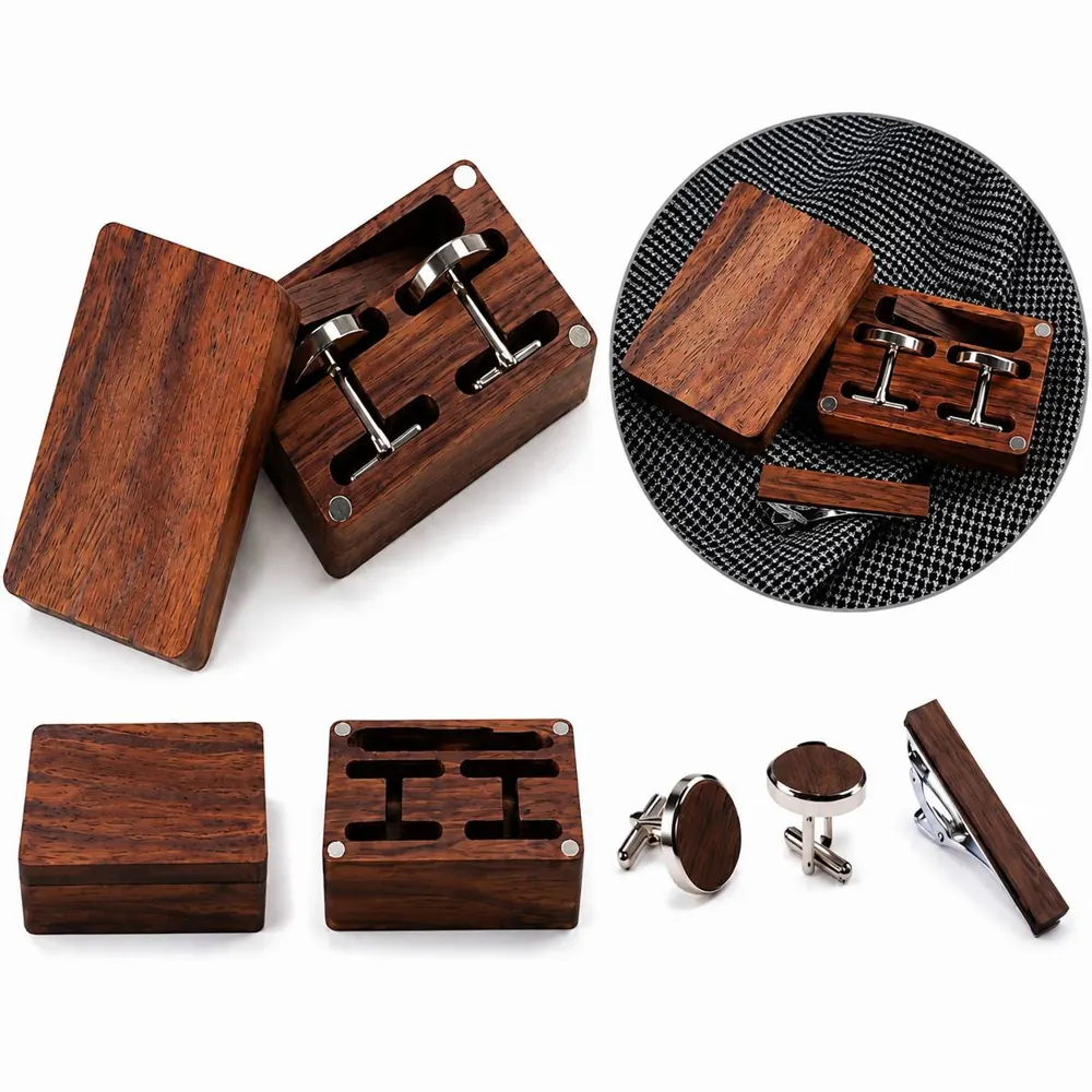 Wooden Cufflink & Tie Clip Set with Storage Box 2