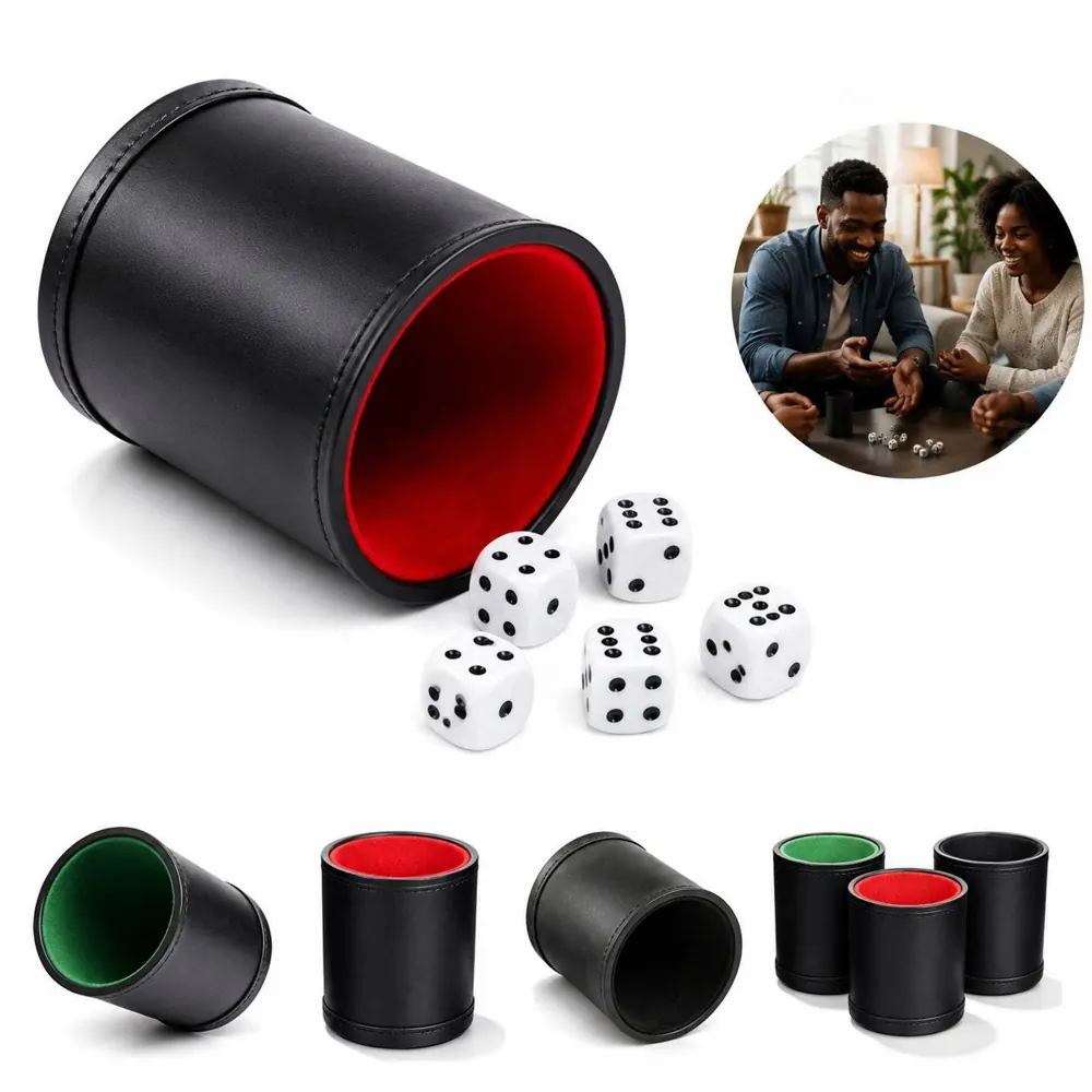 Felt Lined PU Leather Dice Cup Set for Yahtzee with 5 Dice 2
