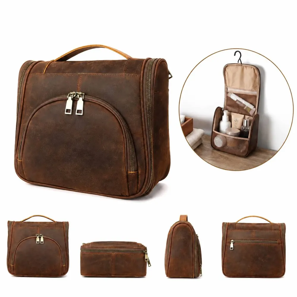 Genuine Leather Hanging Toiletry Bag with Hook for Travel 2