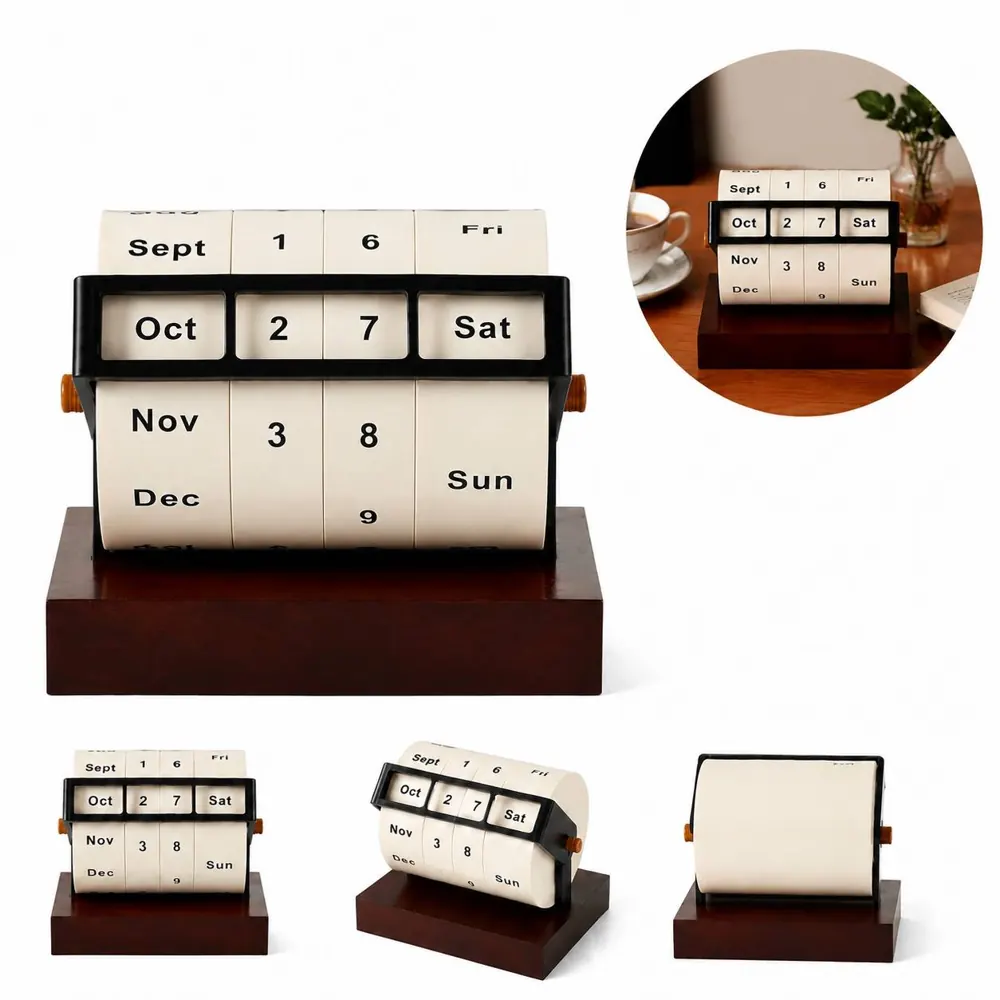 Rotary Wooden Perpetual Calendar Desk Decor 2