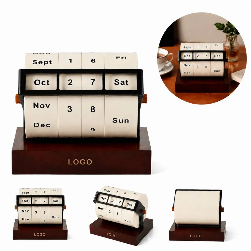 Rotary Wooden Perpetual Calendar Desk Decor