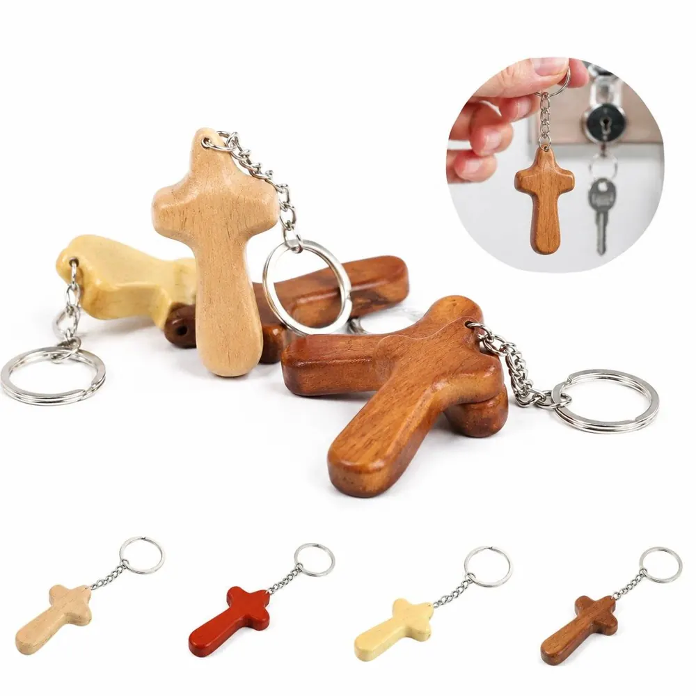 Wooden Cross Keychain with Metal Ring for Keys and Gifts 2