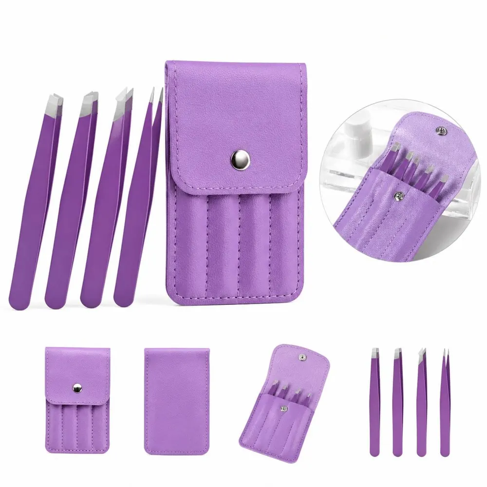 4-Piece Stainless Steel Slanted Tip Tweezers Set with Pouch 2