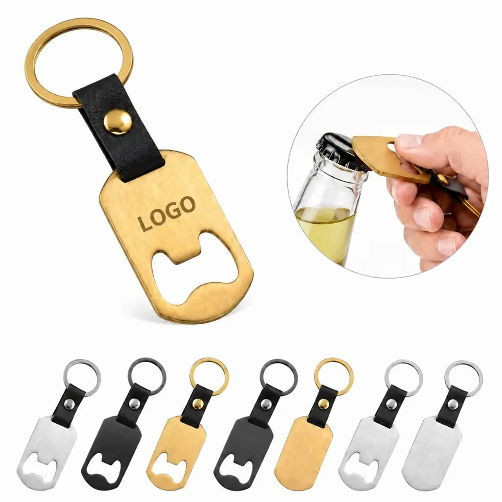 Stainless Steel Bottle Opener Keychain with Leather Strap
