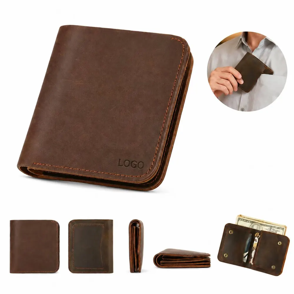 Men Crazy Horse Leather Bifold Wallet with Snap Closure