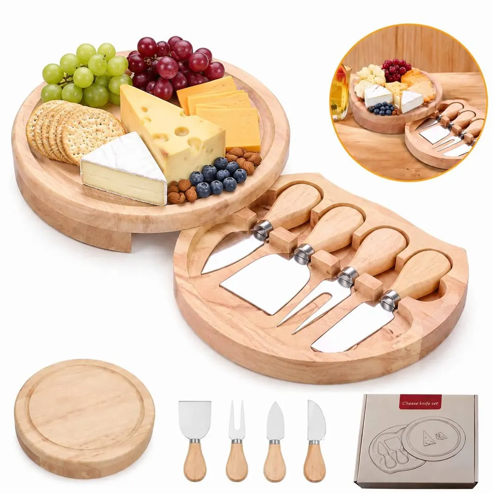 Round Bamboo Cheese Board with Drawer & 4 Knives Set 2