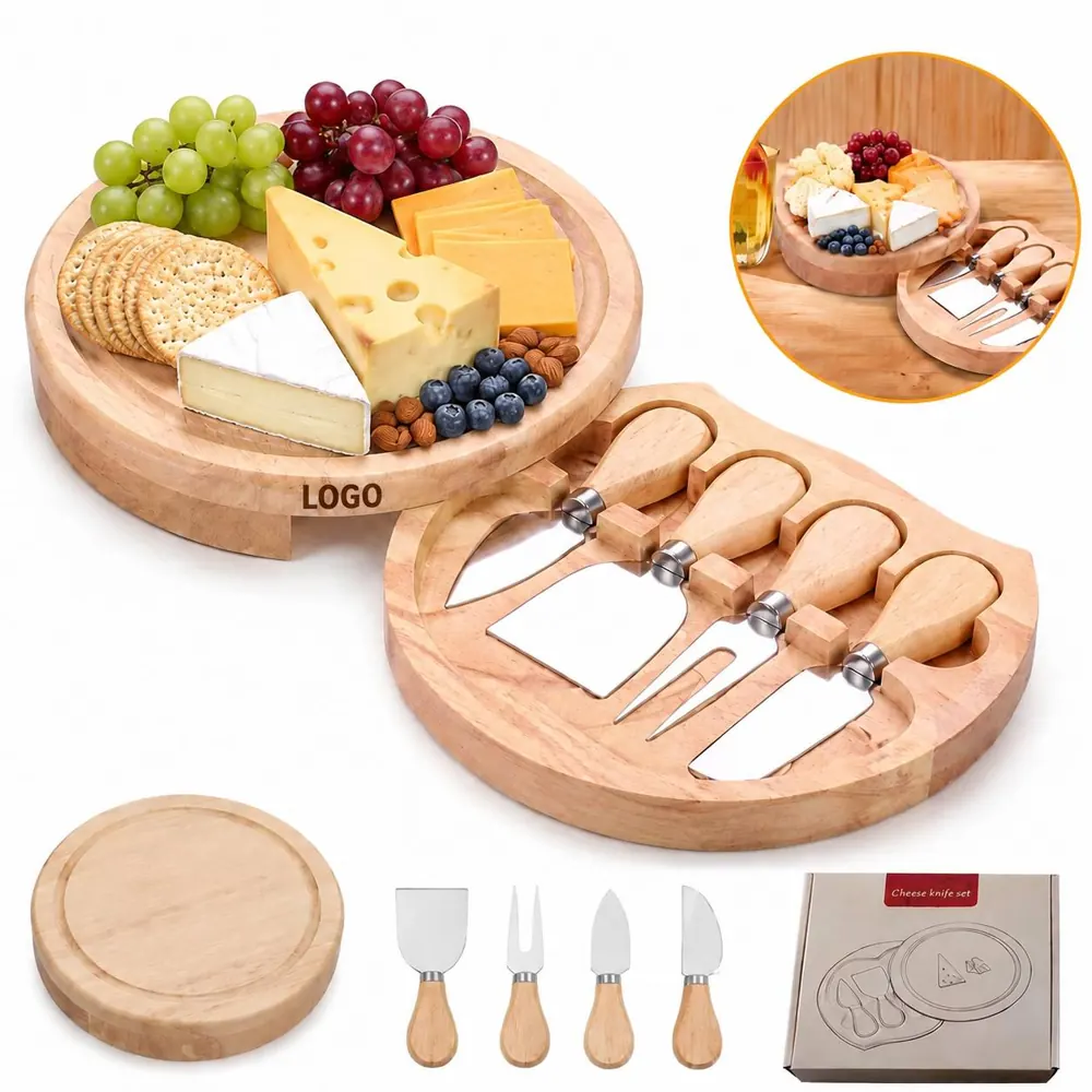 Round Bamboo Cheese Board with Drawer & 4 Knives Set