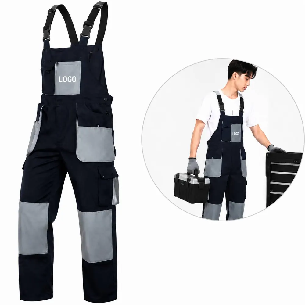 Men's Polyester Bib Overalls with Knee Pad Pockets for Work
