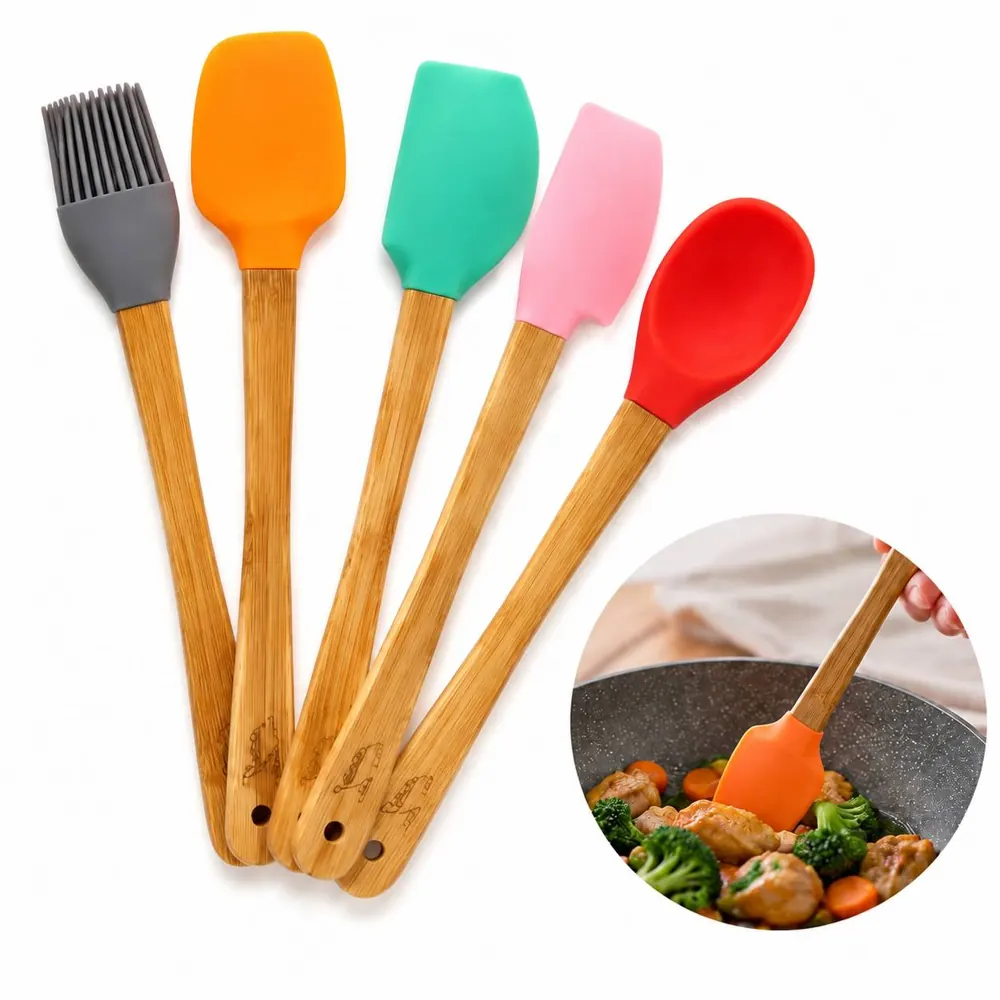 Bamboo Handle Silicone Spatula Set, Detachable Mini Kitchen 2