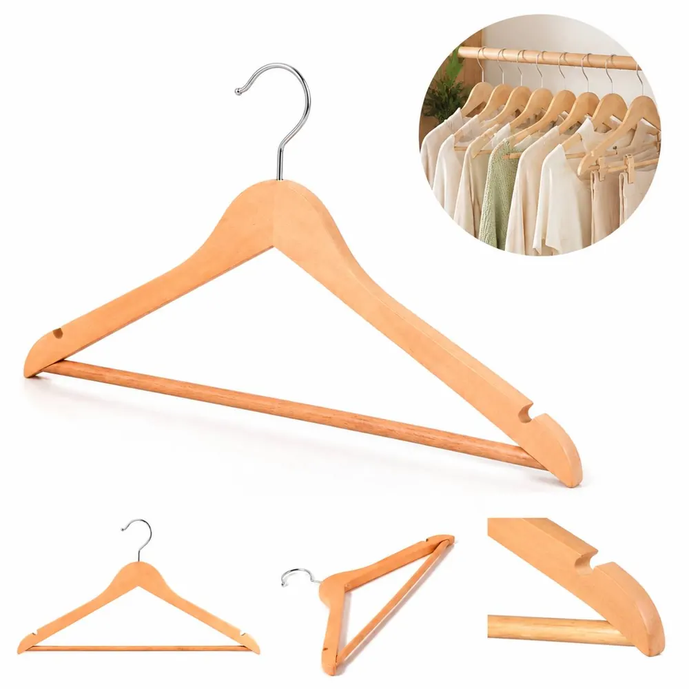 Solid Wood Hangers with Pant Bar, Anti-Slip Suit Clothes 2