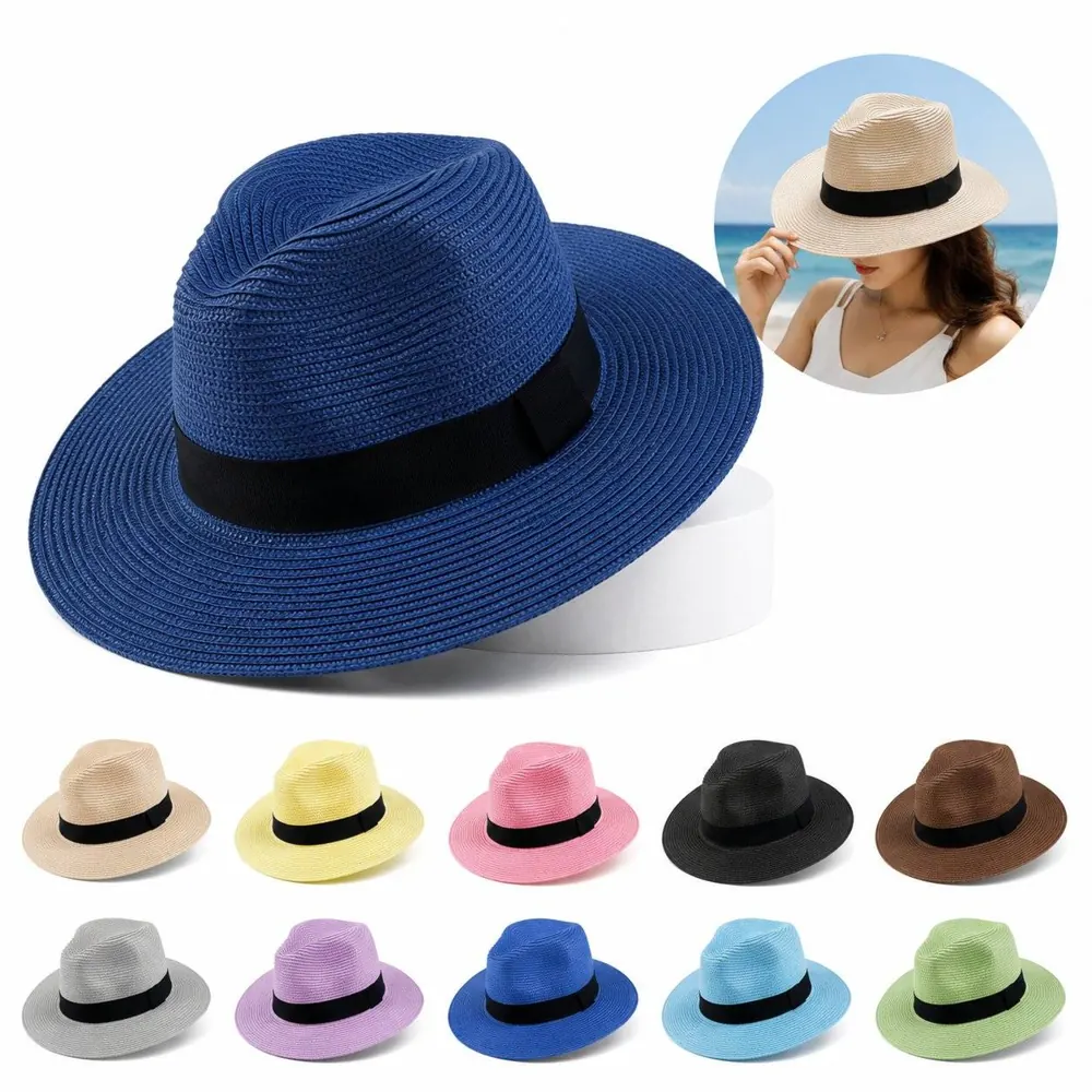 Foldable Unisex Straw Fedora Hat with Wide Brim 2