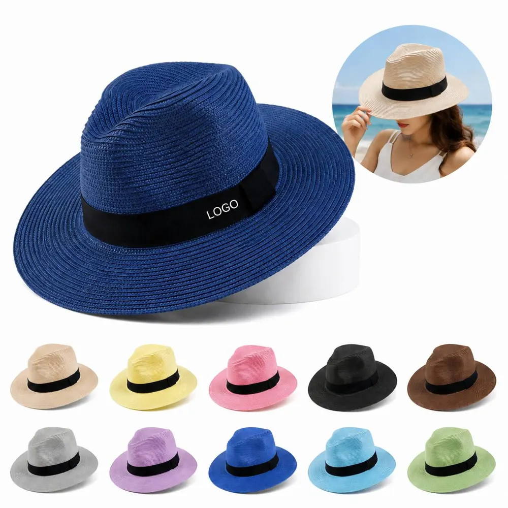 Foldable Unisex Straw Fedora Hat with Wide Brim
