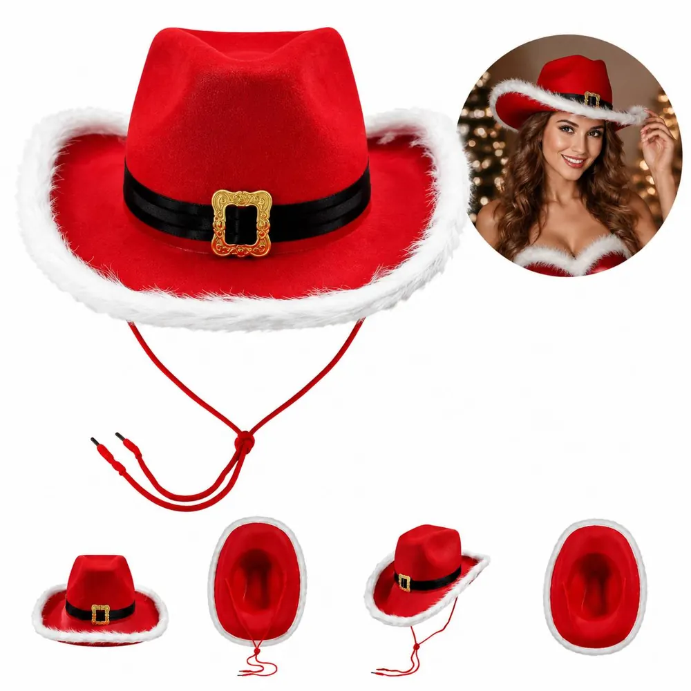 Red Santa Cowboy Hat with Feathers for Holiday Festive Wear 2