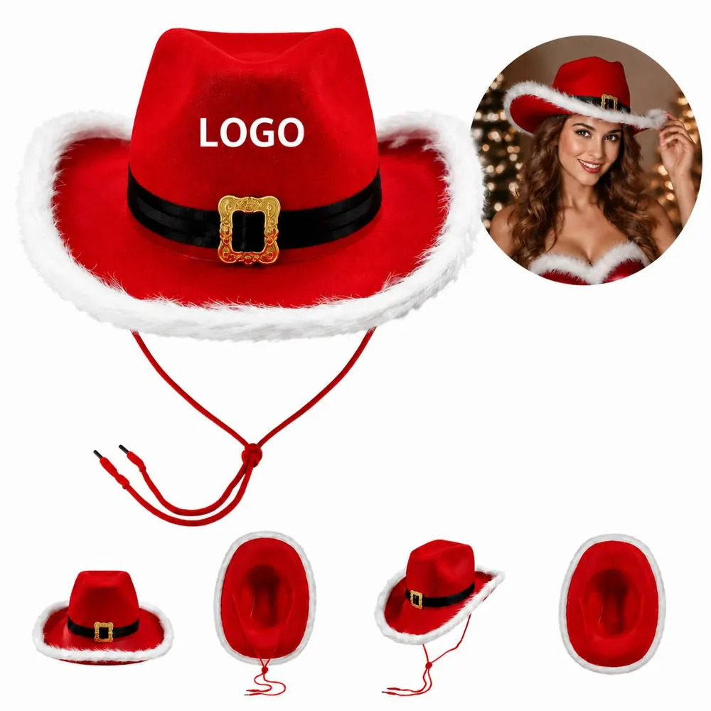Red Santa Cowboy Hat with Feathers for Holiday Festive Wear