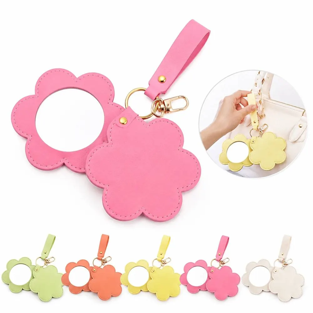 PU Leather Flower Pocket Mirror with Key Ring 2