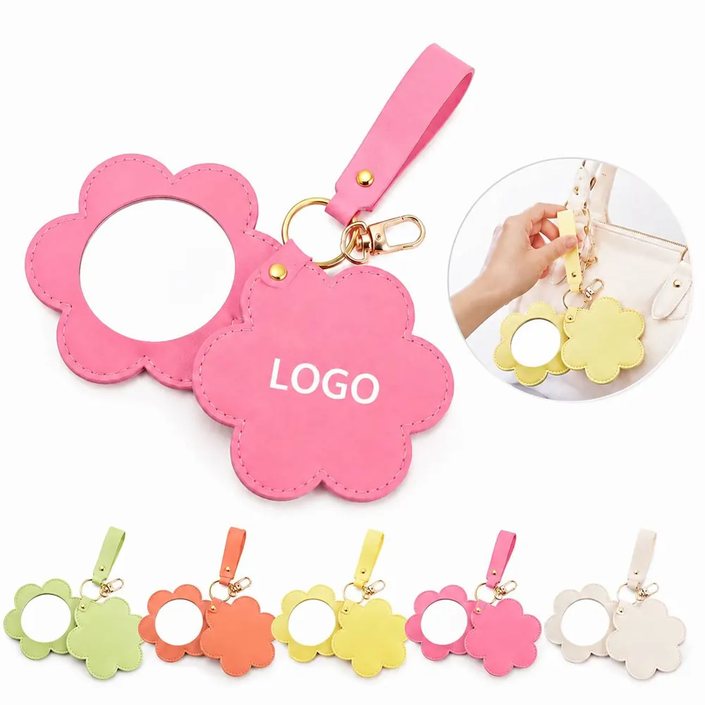 PU Leather Flower Pocket Mirror with Key Ring