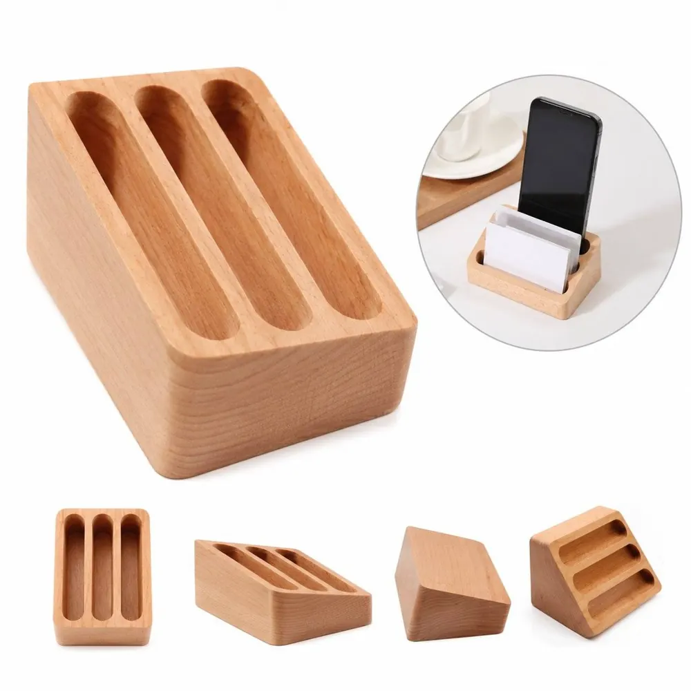 Polished Wooden 3-Slot Business Card Holder for Desk 2
