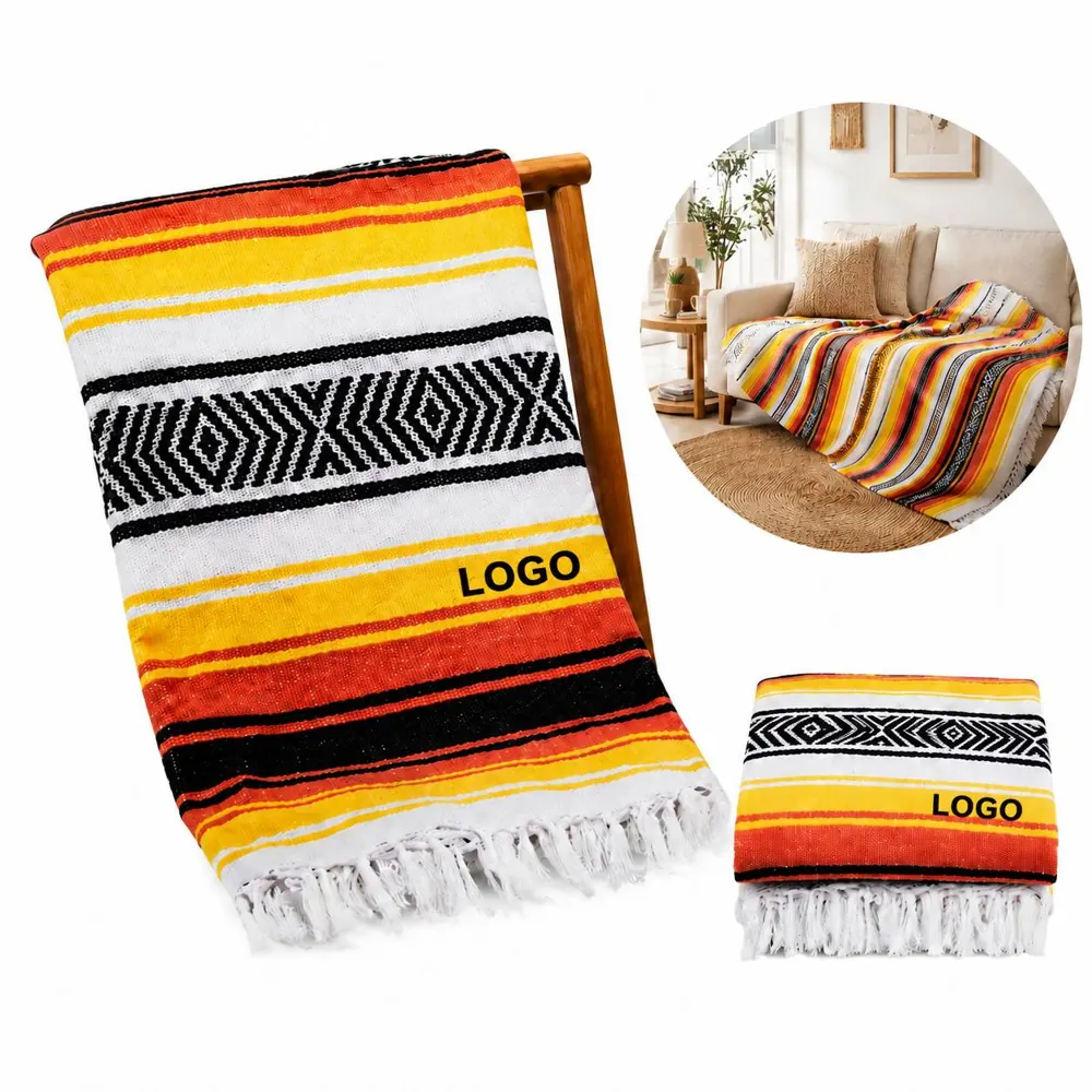 Mexican Handwoven Blanket, Cozy Fringed Throw for Sofa & Bed