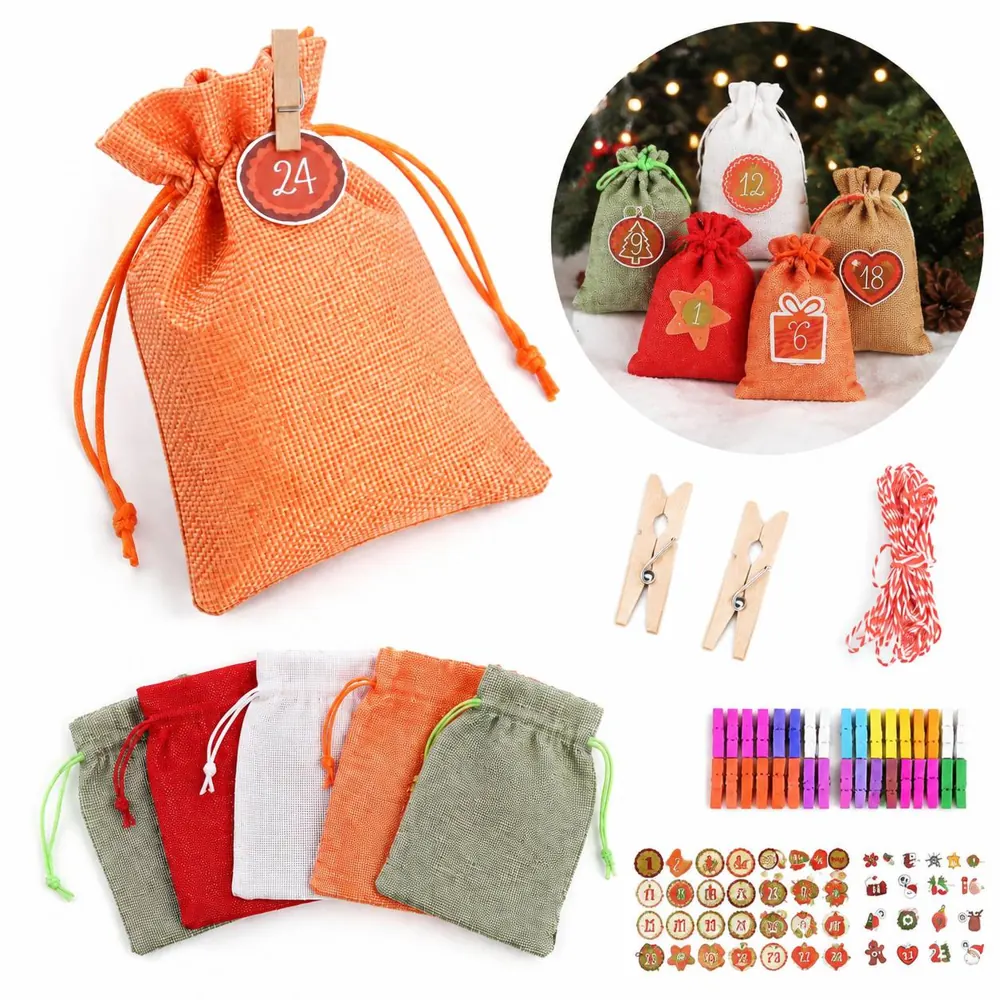 24 Pcs Burlap Advent Calendar Set with Holiday Stickers 2