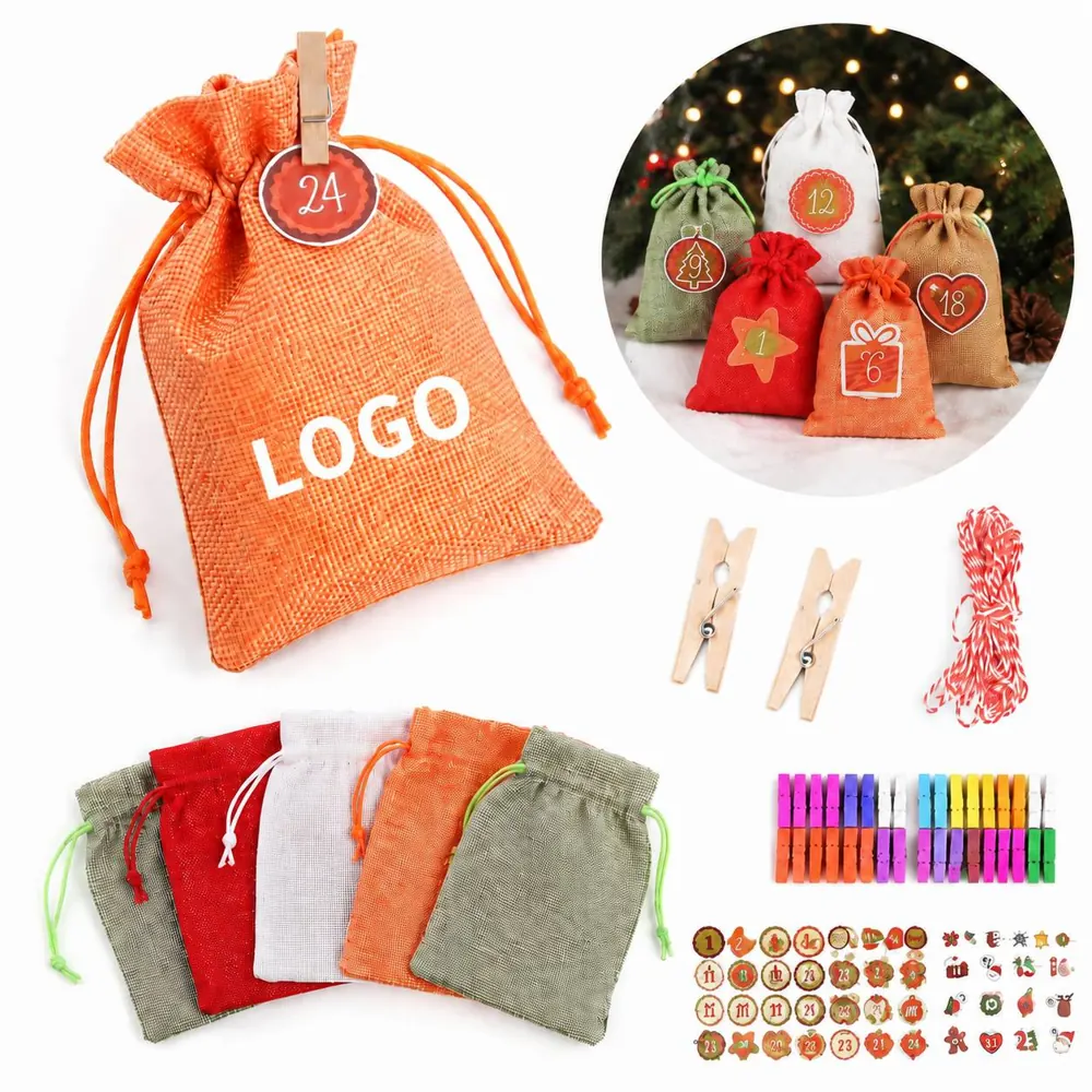 24 Pcs Burlap Advent Calendar Set with Holiday Stickers