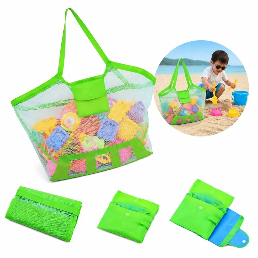 Foldable Mesh Beach Toy Bag with Drawstring 2