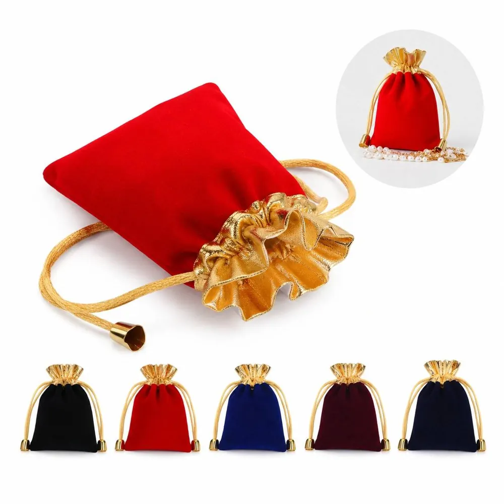 Elegant Velvet Drawstring Bag with Gold Trim for Jewelry 2