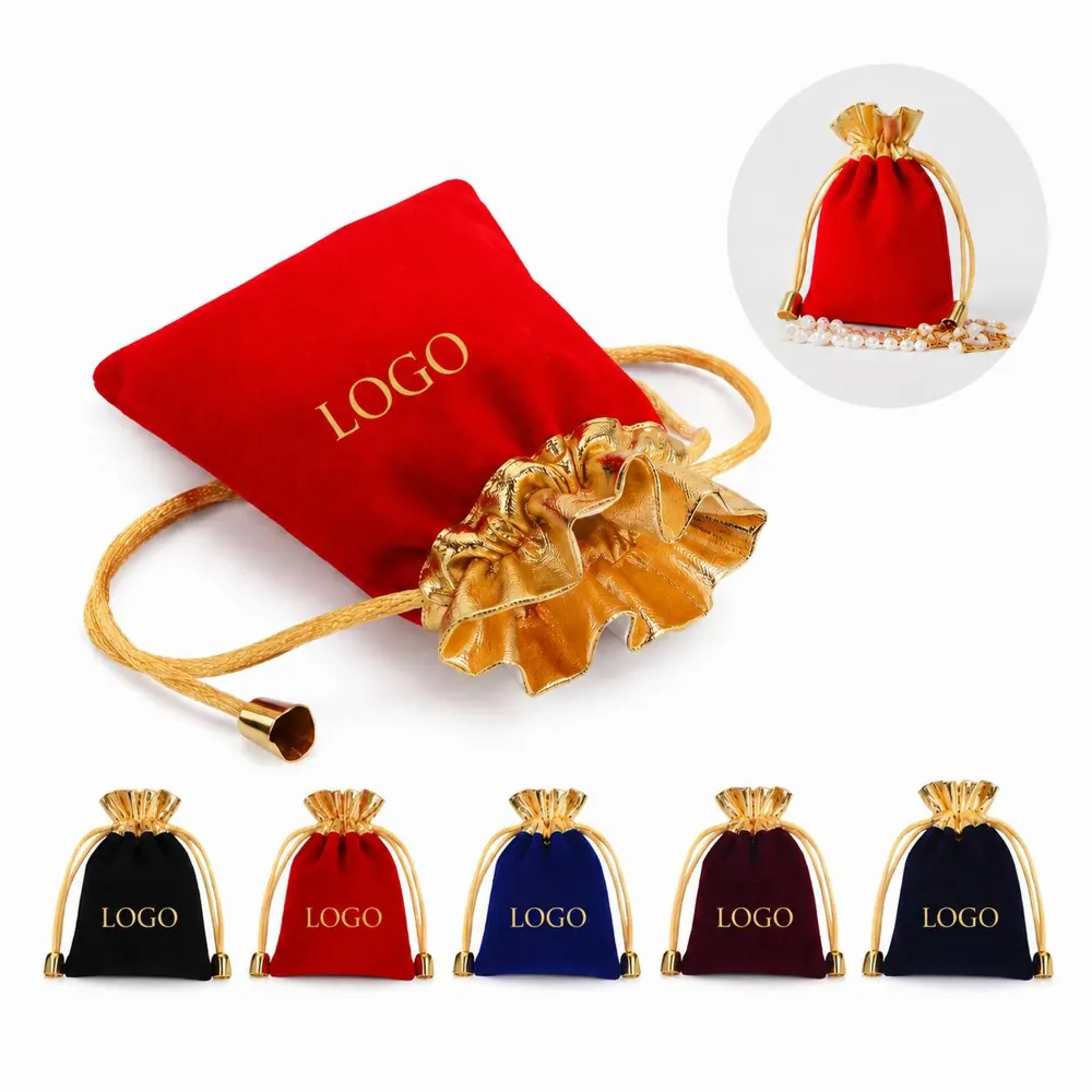 Elegant Velvet Drawstring Bag with Gold Trim for Jewelry