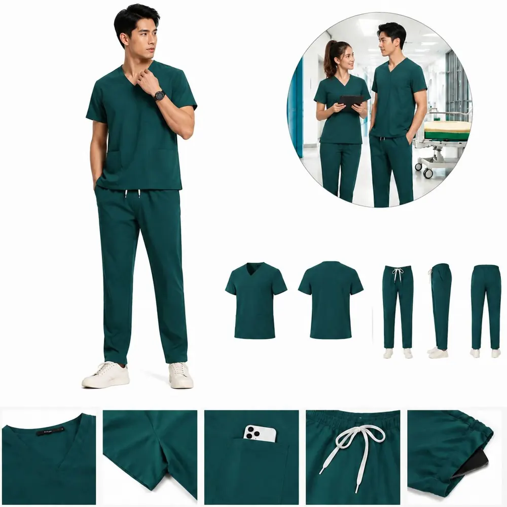 Unisex V-Neck Scrub Set with Drawstring Pants, Breathable 2