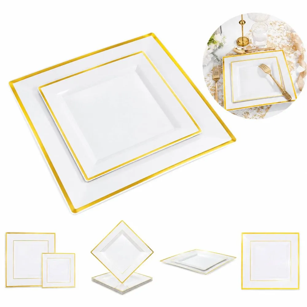 Gold Rim Square Plastic Plates for Events 2