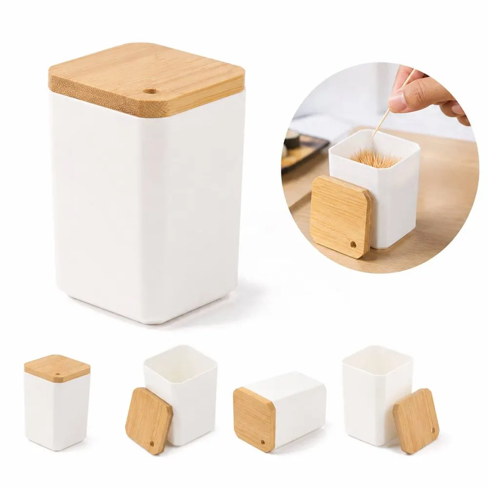 Wood Lid Plastic Toothpick Dispenser for Kitchen Countertop 2
