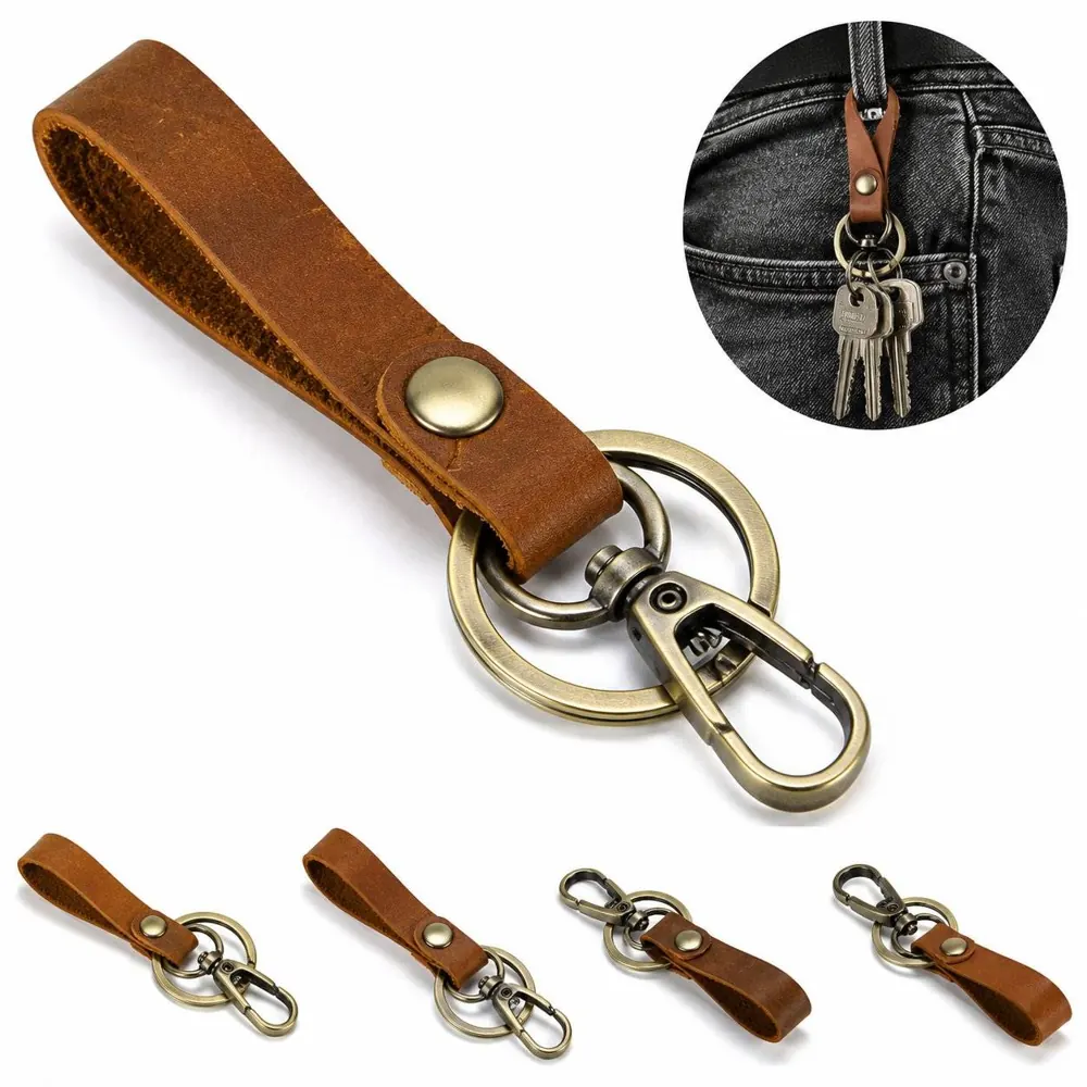 Crazy Horse Leather Tricolor Keychain with Metal Ring 2