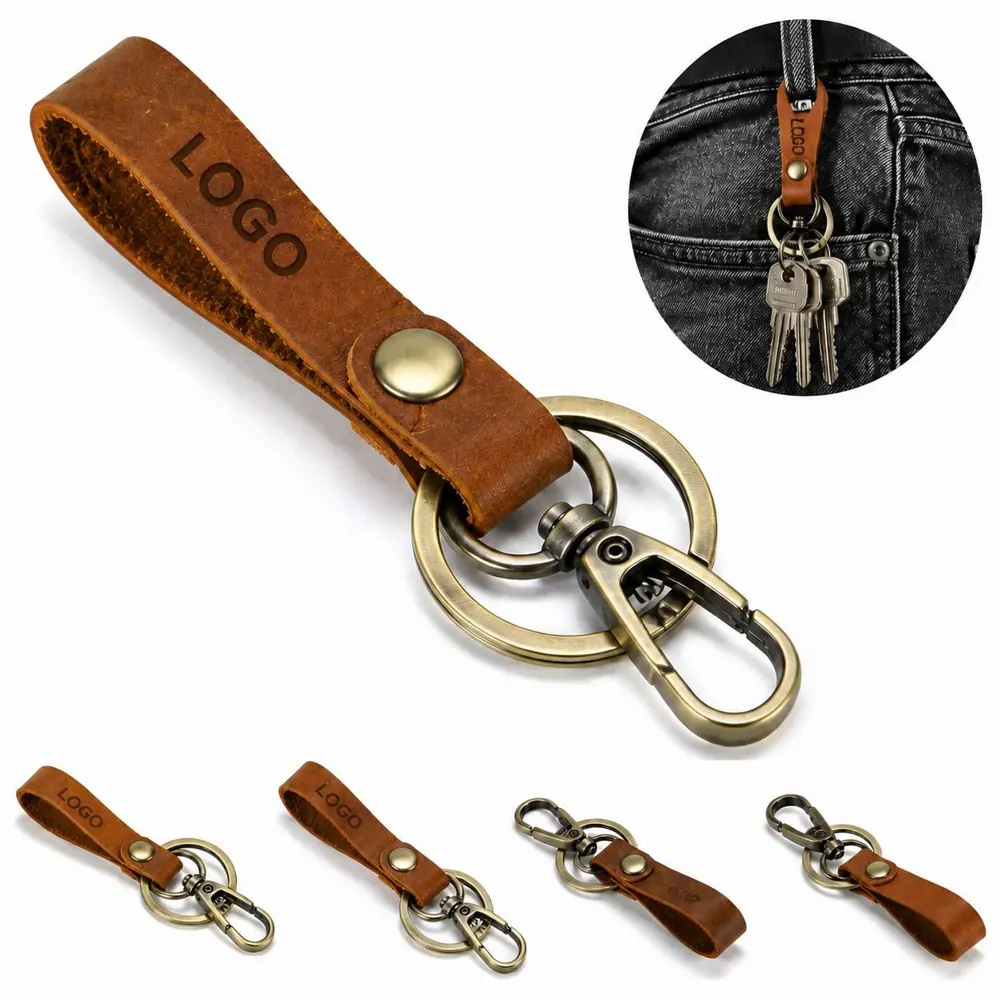 Crazy Horse Leather Tricolor Keychain with Metal Ring