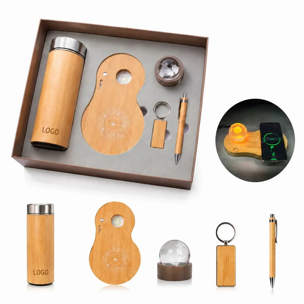 Bamboo Wireless Charging Desk Set with Crystal Night Light