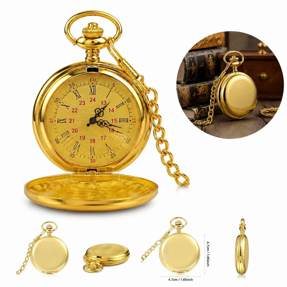 Vintage Quartz Pocket Watch with Roman Numerals and Chain 2