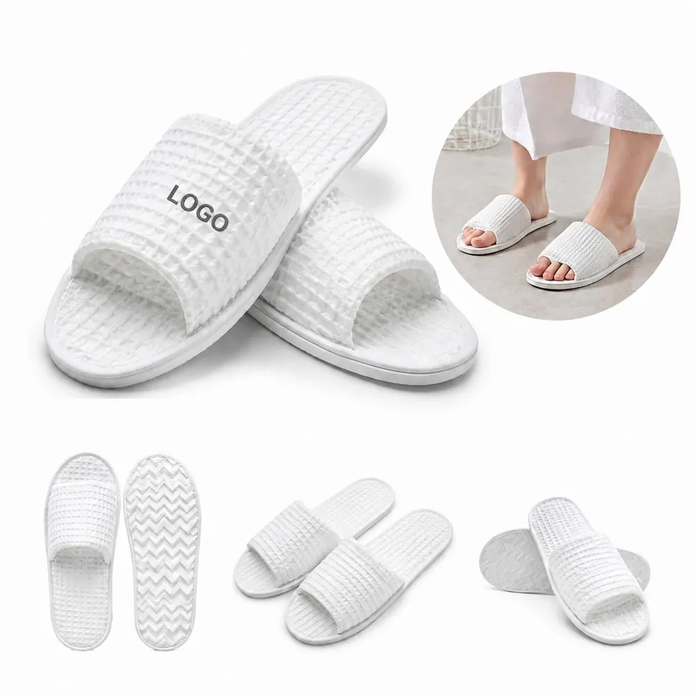 Waffle Cotton Non-Skid Open Toe Slippers for Indoor Comfort