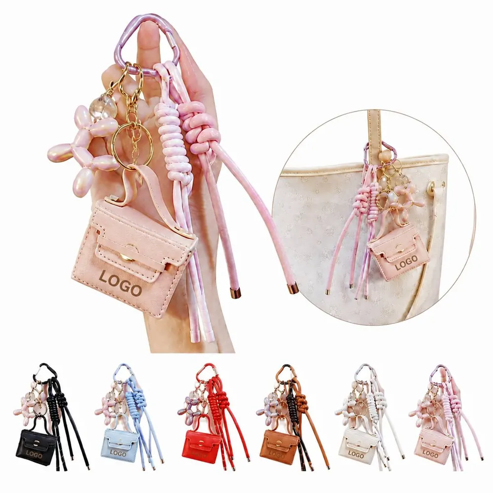 PU Mini Bag Keychain Set with Braided Cotton Rope Charm