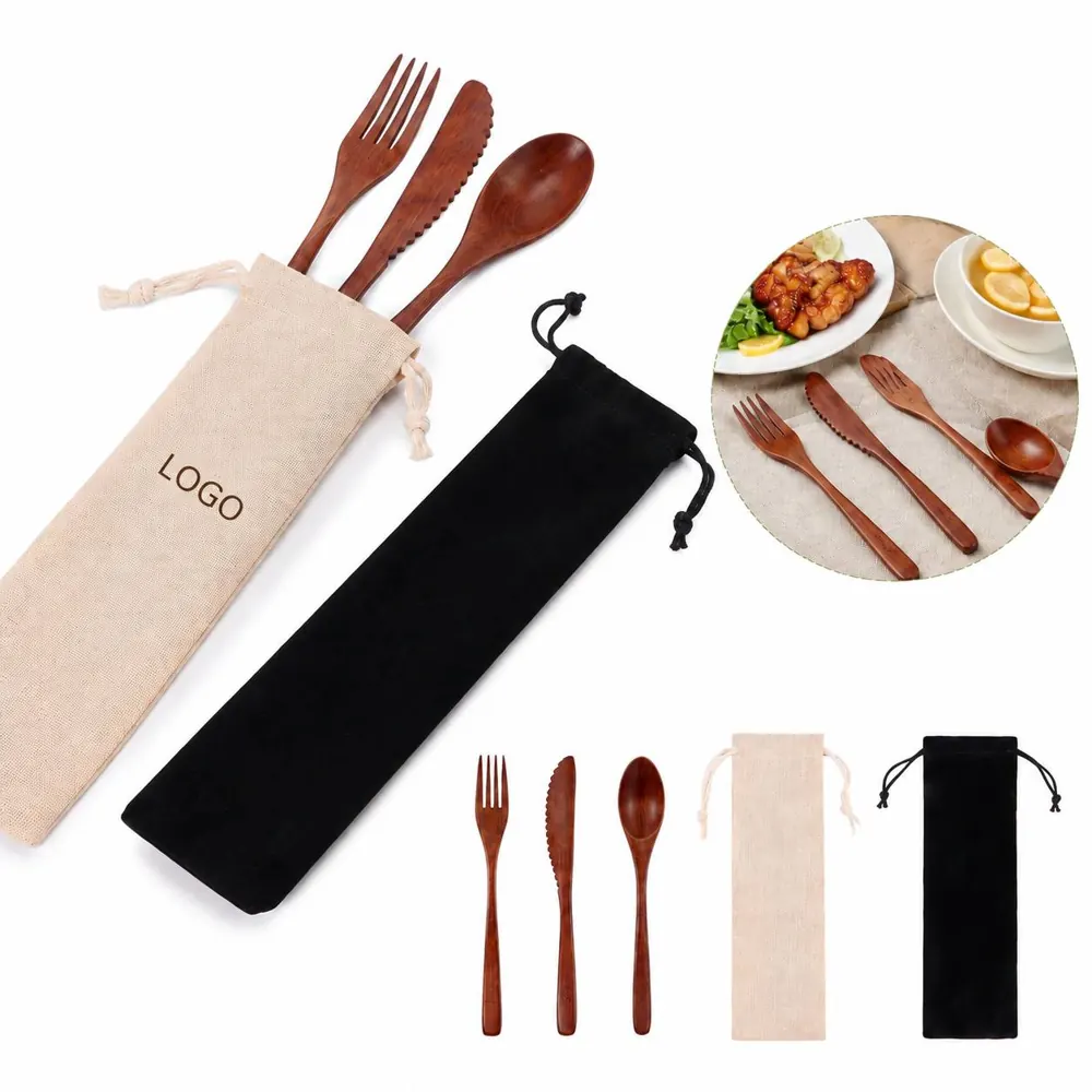 Eco-Friendly Portable Wooden Cutlery Set with Carrying Bag
