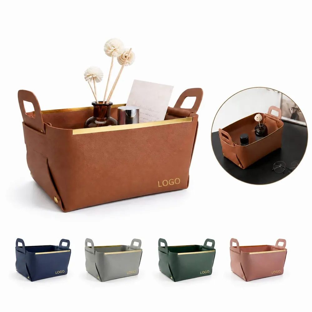 Foldable PU Leather Rectangular Storage Tray Organizer