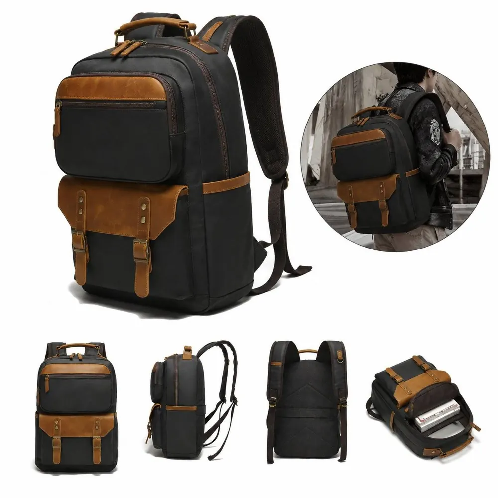Retro Oil Waxed Canvas Laptop Backpack with Leather Trim 2
