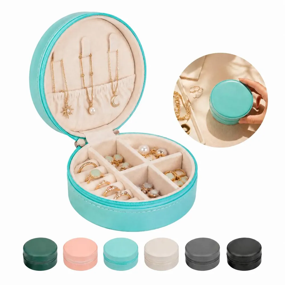 Round Velvet Jewelry Storage Box with Secure Zipper Closure 2