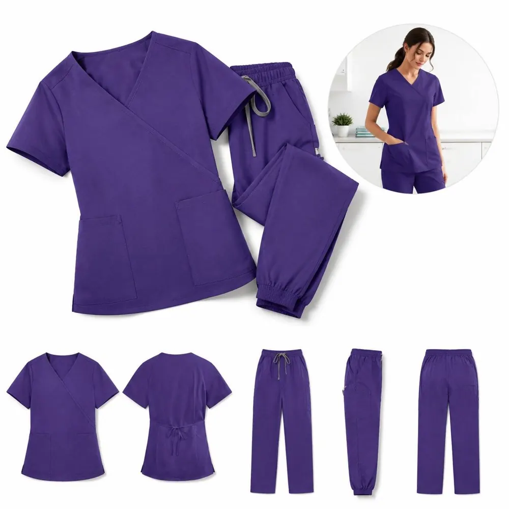 Women's 4-Way Stretch Mock Wrap Scrubs Set with Pockets 2