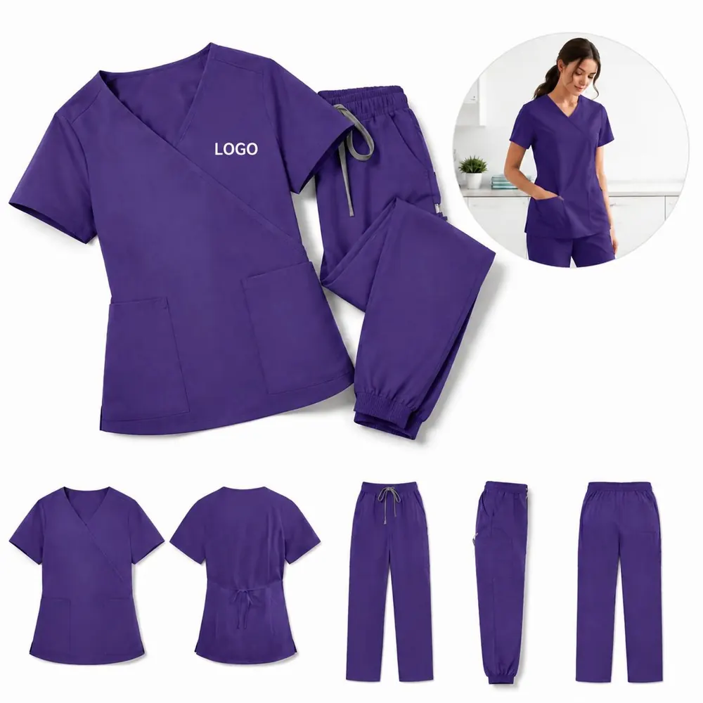 Women's 4-Way Stretch Mock Wrap Scrubs Set with Pockets