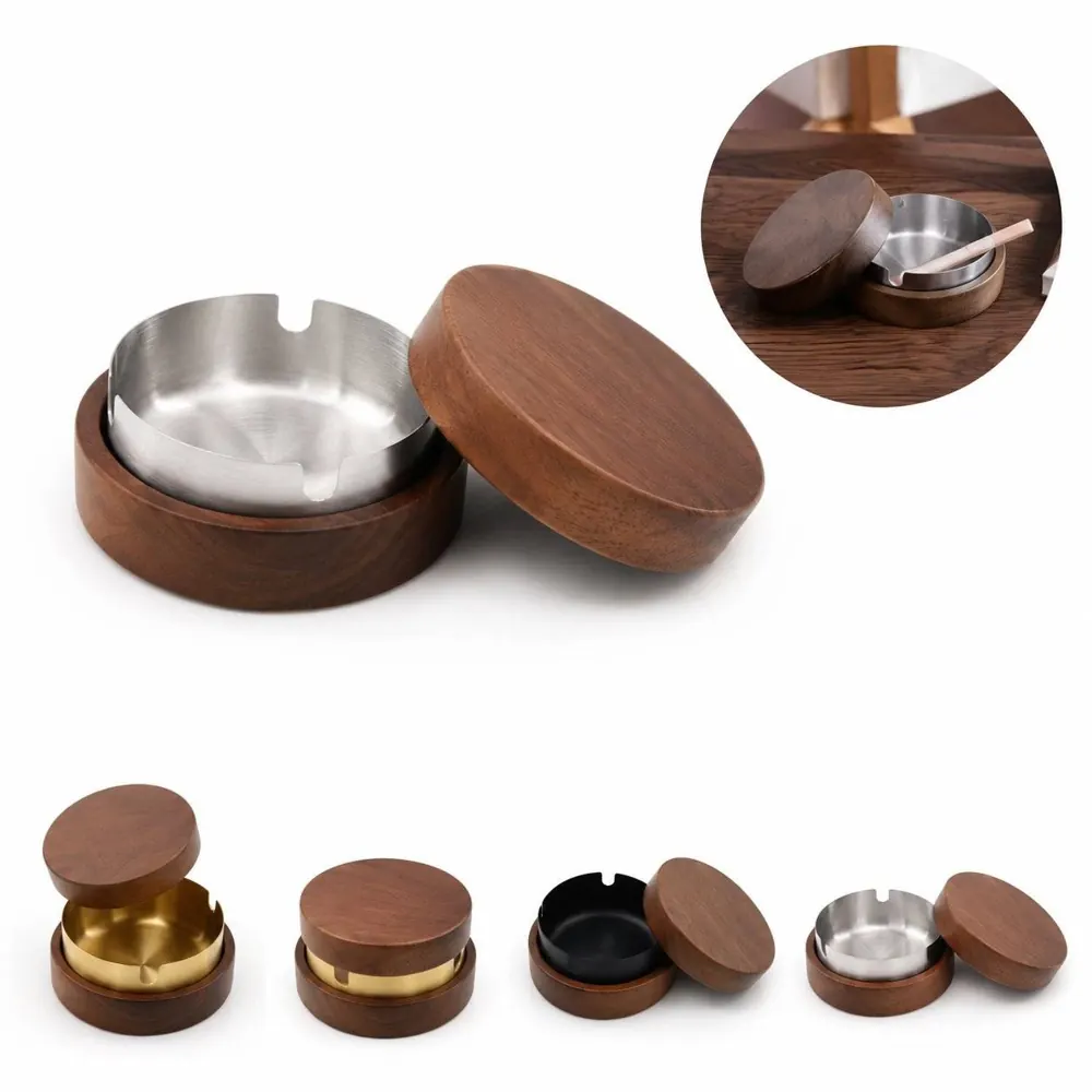 Wooden Ashtray with Stainless Steel Liner and Lid 2